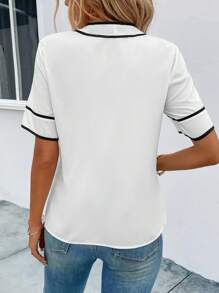 EMERY ROSE Contrast Binding Tie Neck Blouse,Short Sleeve Tops - White - View 3