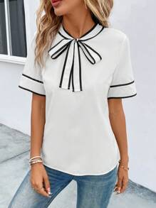 EMERY ROSE Contrast Binding Tie Neck Blouse,Short Sleeve Tops - White - View 4
