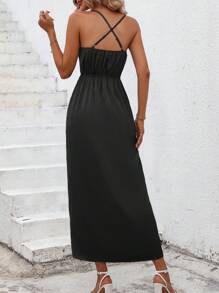 SHEIN Clasi Chất rắn cổ áo xếp nếp Bao bên Xa ten Đầm - màu đen - Xem 2