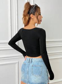 SHEIN EZwear Spring Black Long Sleeves Slim Fit Asymmetrical Wave Edge Hem Crop Tee - Black - View 2