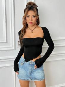 SHEIN EZwear Spring Black Long Sleeves Slim Fit Asymmetrical Wave Edge Hem Crop Tee - Black - View 4