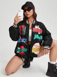 Coolane 字母圖案條紋飾邊落肩袖飛行員夾克 - 黑色 - 查看 8