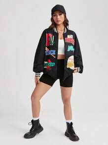 Coolane 字母圖案條紋飾邊落肩袖飛行員夾克 - 黑色 - 查看 4