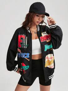 Coolane 字母圖案條紋飾邊落肩袖飛行員夾克 - 黑色 - 查看 5