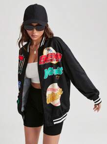 Coolane 字母圖案條紋飾邊落肩袖飛行員夾克 - 黑色 - 查看 6