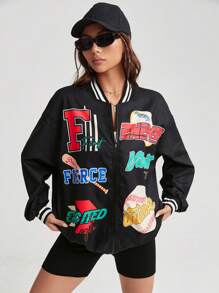 Coolane 字母圖案條紋飾邊落肩袖飛行員夾克 - 黑色 - 查看 7