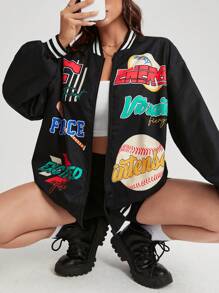 Coolane 字母圖案條紋飾邊落肩袖飛行員夾克 - 黑色 - 查看 1