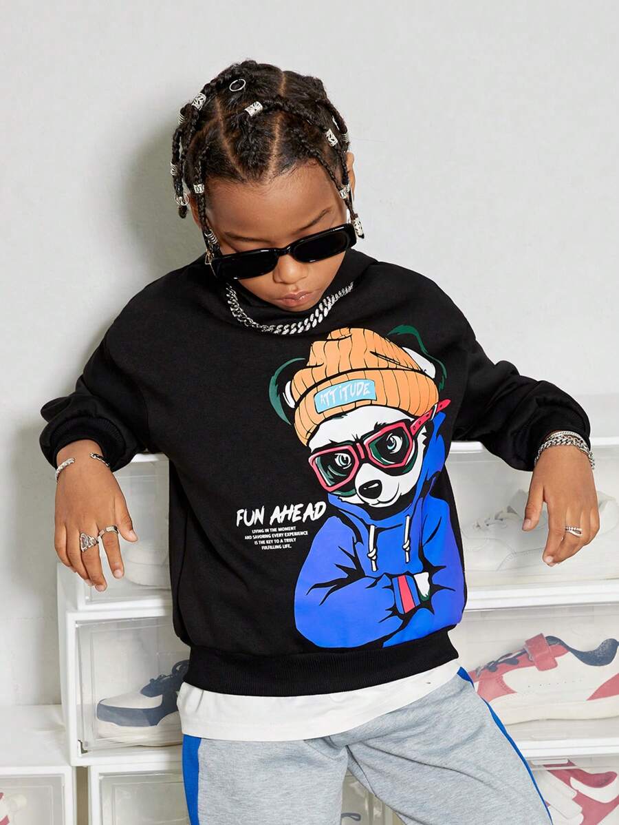SHEIN Tween Boy Slogan & Cartoon Graphic Drop Shoulder Pullover - Black - View 1