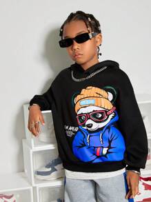 SHEIN Tween Boy Slogan & Cartoon Graphic Drop Shoulder Pullover - Black - View 3