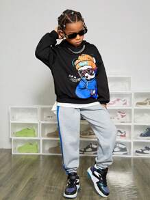 SHEIN Tween Boy Slogan & Cartoon Graphic Drop Shoulder Pullover - Black - View 4