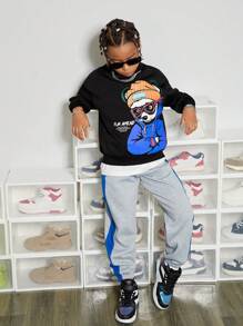 SHEIN Tween Boy Slogan & Cartoon Graphic Drop Shoulder Pullover - Black - View 5