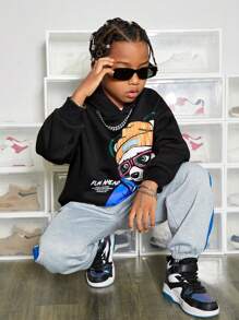 SHEIN Tween Boy Slogan & Cartoon Graphic Drop Shoulder Pullover - Black - View 7