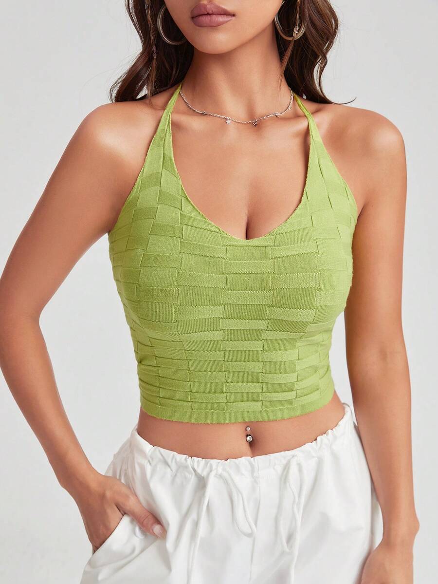 SHEIN EZwear 素色短款吊脖針織上衣 - 青檸色 - 查看 1