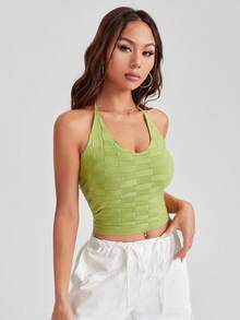 SHEIN EZwear 素色短款吊脖針織上衣 - 青檸色 - 查看 3