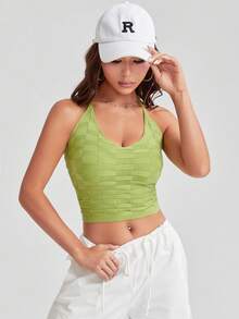 SHEIN EZwear 素色短款吊脖針織上衣 - 青檸色 - 查看 4