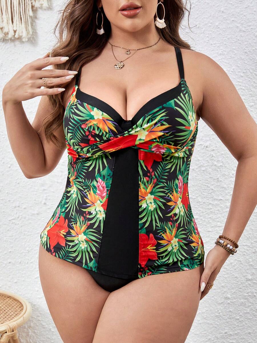 加大碼熱帶印花扭結前扣坦克裝 - 彩色 - 查看 1