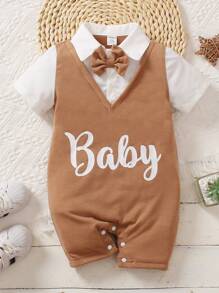 Baby Boy Letter Graphic Bow Front 2 In 1 Romper - Brown - View 1
