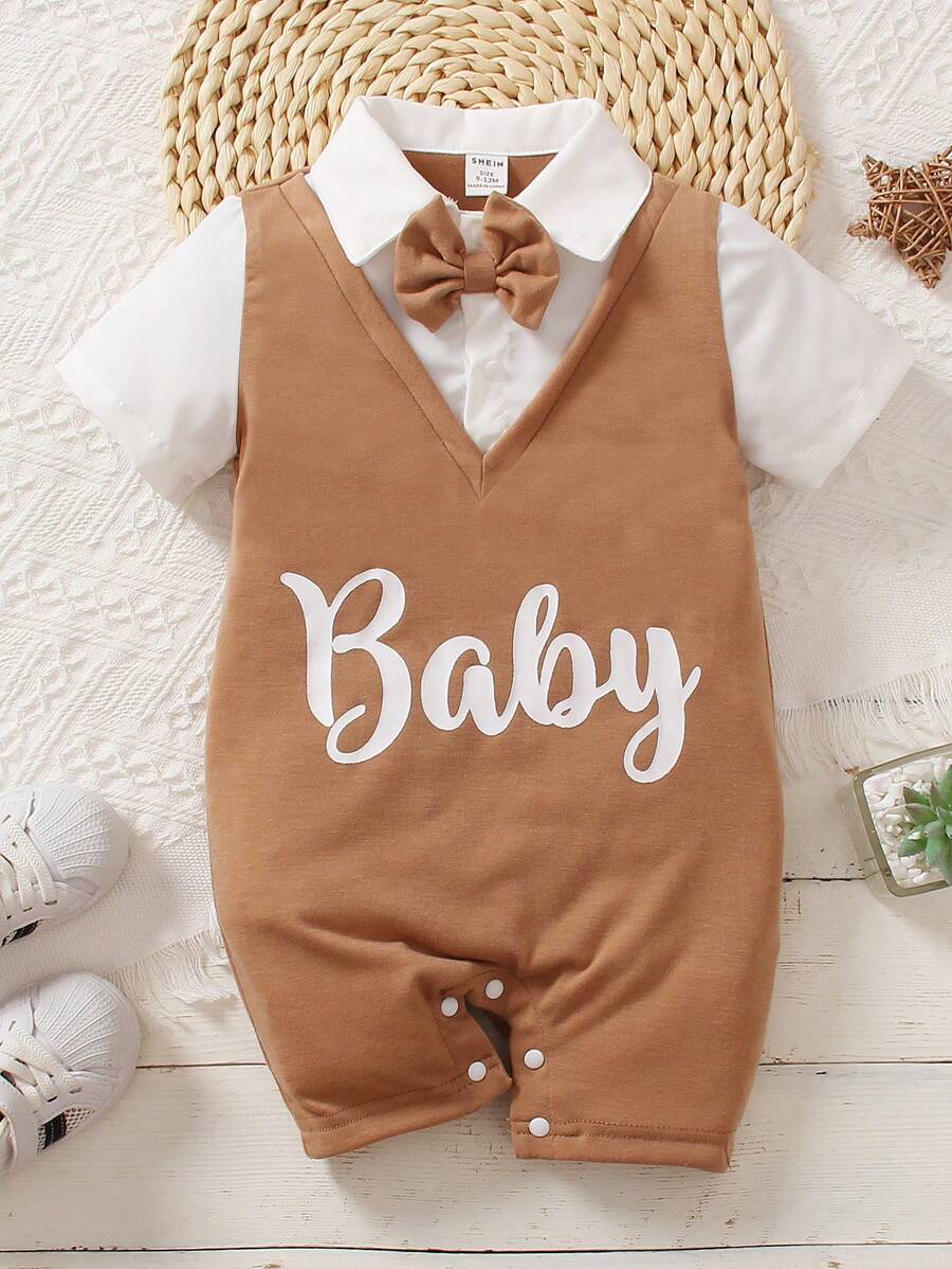 Baby Boy Letter Graphic Bow Front 2 In 1 Romper - Brown - View 1