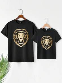 SHEIN Cậu bé Tween 1 Miếng Hợp thời Giải trí Biến đổi dần Mô hình sư tử In Ngắn tay Áo thun Cho mùa hè - màu đen - Xem 3