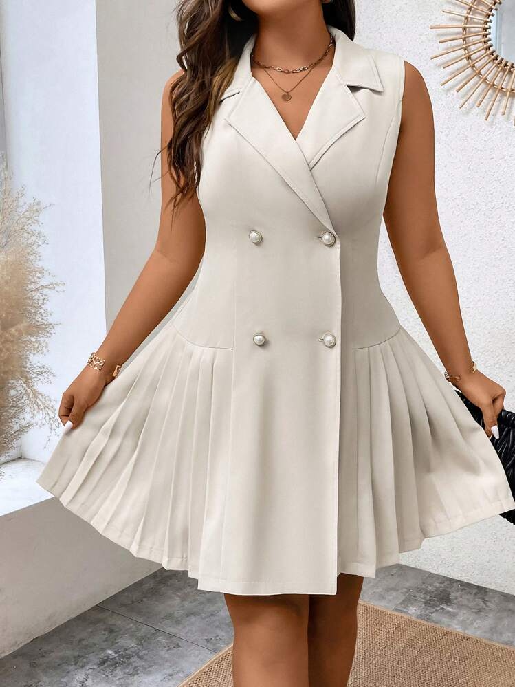 SHEIN Clasi Plus Double Breasted Pleated Hem Dress - Apricot - View 1