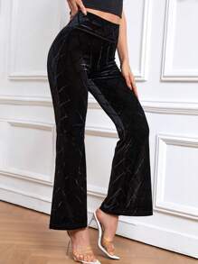 SHEIN Privé 高腰天鵝絨喇叭褲 - 黑色 - 查看 5