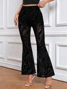 SHEIN Privé Marble Print Flare Leg Trousers - Black - View 2