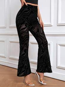 SHEIN Privé Marble Print Flare Leg Trousers - Black - View 3