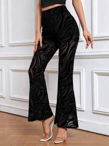 SHEIN Privé Marble Print Flare Leg Trousers - Black - View 5