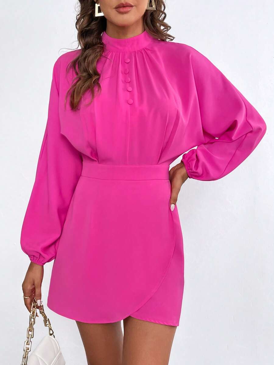 SHEIN Privé 小高領燈籠袖圍裹連衣裙 - 玫紅色 - 查看 1