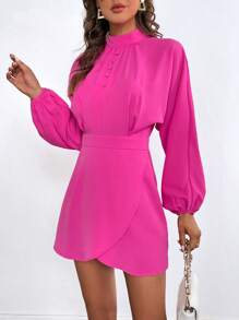 SHEIN Privé 小高領燈籠袖圍裹連衣裙 - 玫紅色 - 查看 4