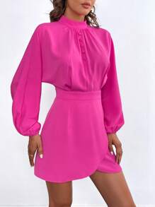 SHEIN Privé 小高領燈籠袖圍裹連衣裙 - 玫紅色 - 查看 6