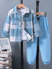 SHEIN Young Boy Plaid Print Shirt & Drawstring Waist Trousers Without Tee - Baby Blue - View 1