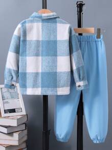SHEIN Young Boy Plaid Print Shirt & Drawstring Waist Trousers Without Tee - Baby Blue - View 2