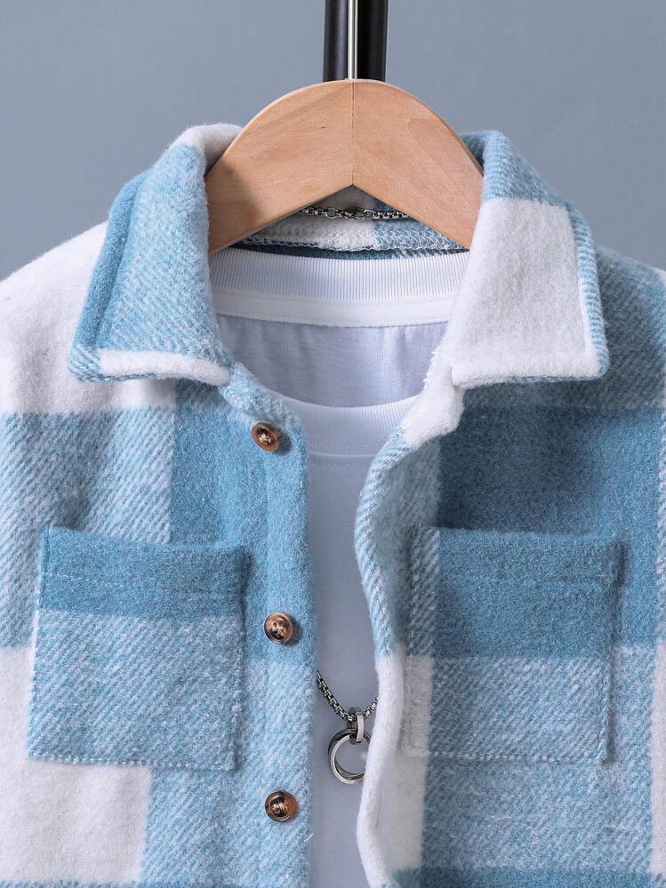 SHEIN 男小童格紋印花襯衫&腰部抽繩長褲不帶T恤 - 淺藍色 - 查看 3