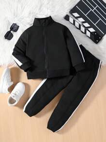SHEIN 男小童拼接側邊接縫拉鏈開襟夾克和運動褲 - 黑色 - 查看 1