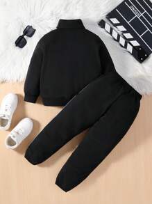 SHEIN 男小童拼接側邊接縫拉鏈開襟夾克和運動褲 - 黑色 - 查看 2