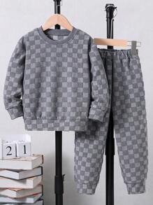 SHEIN Young Boy Checkerboard Print Sweatshirt & Joggers - Grey - View 1