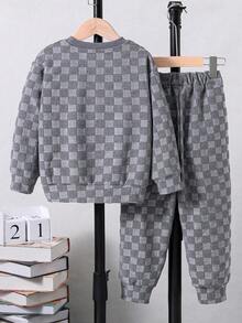 SHEIN Young Boy Checkerboard Print Sweatshirt & Joggers - Grey - View 2