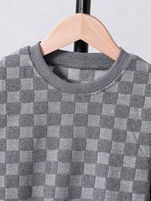 SHEIN Young Boy Checkerboard Print Sweatshirt & Joggers - Grey - View 5