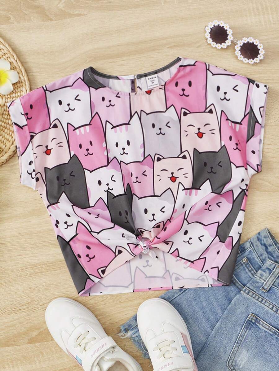 SHEIN Cô gái Tween Lỏng lẻo phù hợp Quần skinny Tie Trước Hình con mèo Áo sơ mi Đối với Giải trí Mặc - Nhiều màu - Xem 1