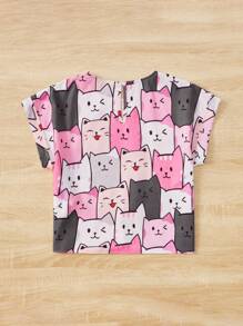 SHEIN Cô gái Tween Lỏng lẻo phù hợp Quần skinny Tie Trước Hình con mèo Áo sơ mi Đối với Giải trí Mặc - Nhiều màu - Xem 2