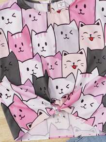 SHEIN Cô gái Tween Lỏng lẻo phù hợp Quần skinny Tie Trước Hình con mèo Áo sơ mi Đối với Giải trí Mặc - Nhiều màu - Xem 3