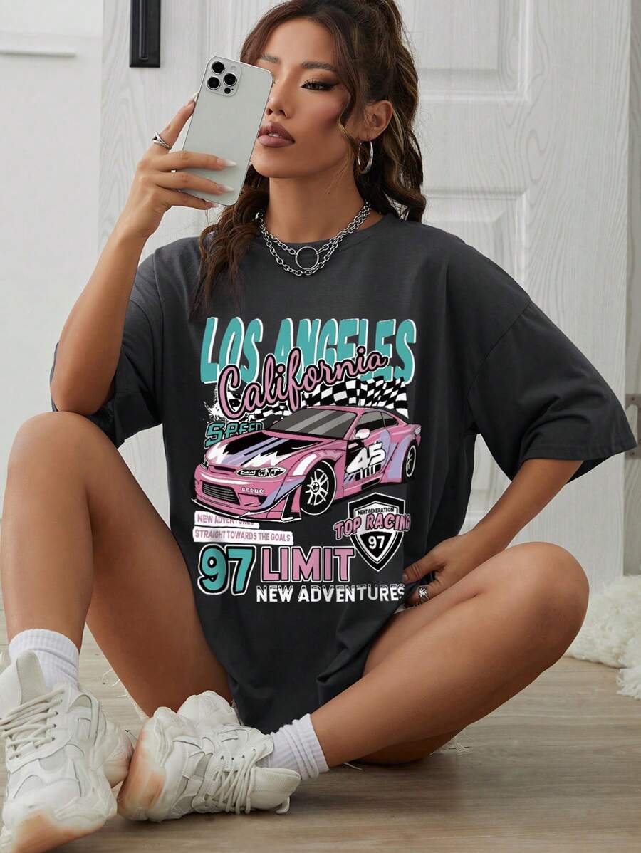 SHEIN EZwear Car And Letter Graphic Drop Shoulder Tee - Dark Grey - View 1