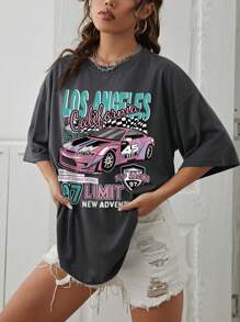 SHEIN EZwear Car And Letter Graphic Drop Shoulder Tee - Dark Grey - View 4