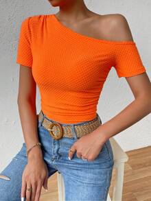 SHEIN Unity 素色不對稱領T恤 - 橘色 - 查看 5