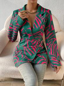 SHEIN Unity 滿版印花帶扣細節圍裹西裝外套 - 綠色 - 查看 2