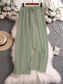 SHEIN LUNE Hơn Dây thắt lưng Quần ống rộng - xanh quân đội - Xem 1