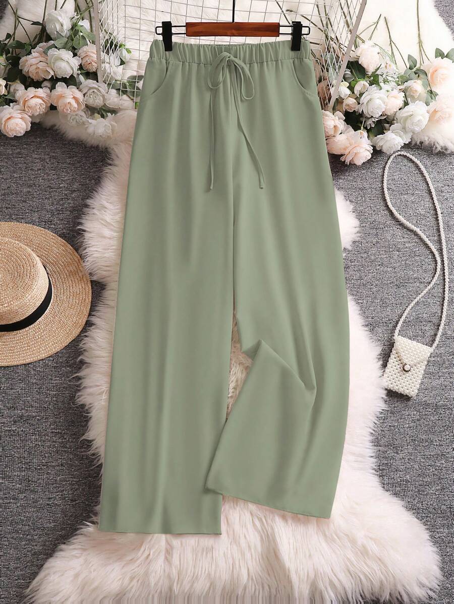 SHEIN LUNE Hơn Dây thắt lưng Quần ống rộng - xanh quân đội - Xem 1