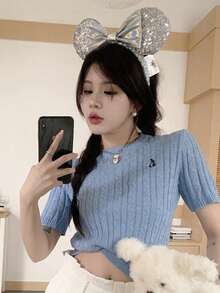 Top con bordado tejido de cable - Neblina azul - Ver 4