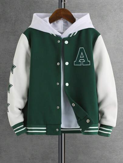 SHEIN Tween Boy Letter Patched Striped Trim Varsity Jacket Without Hoodie Chic Autumn/Winter